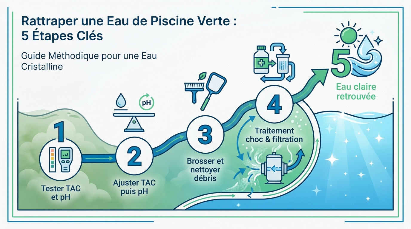 Traitement d'une eau de piscine verte avec des produits chimiques et nettoyage