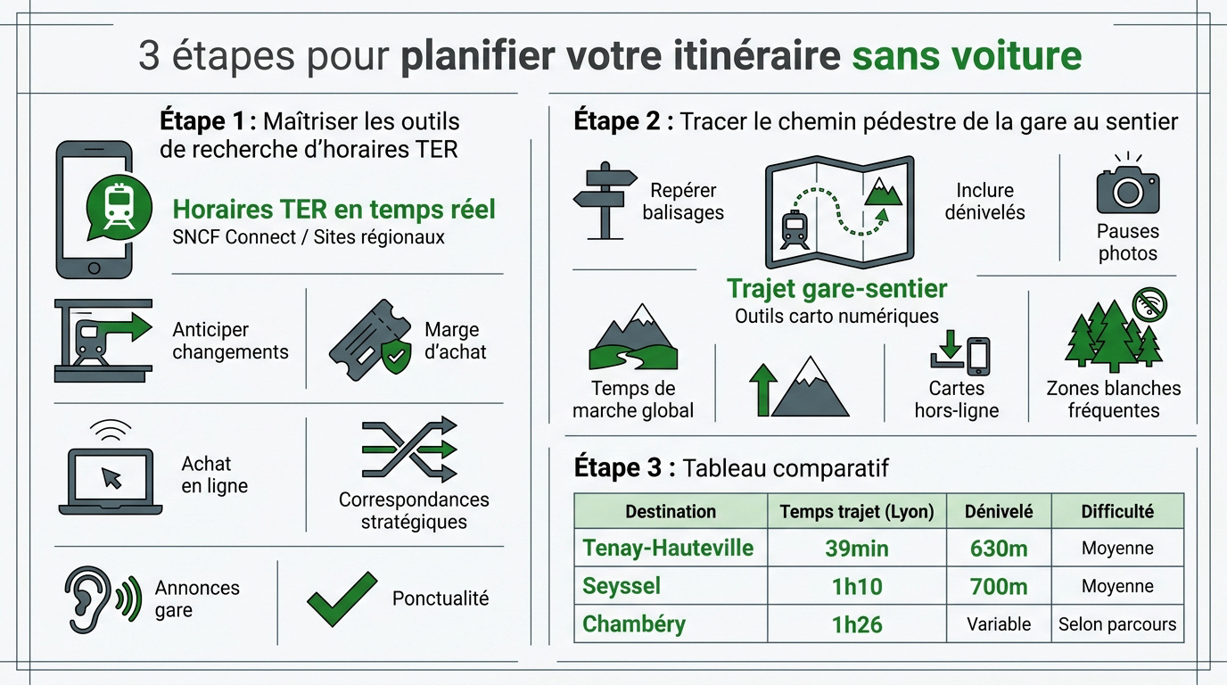 Planification d'une randonnée en train depuis Lyon avec carte et sac à dos