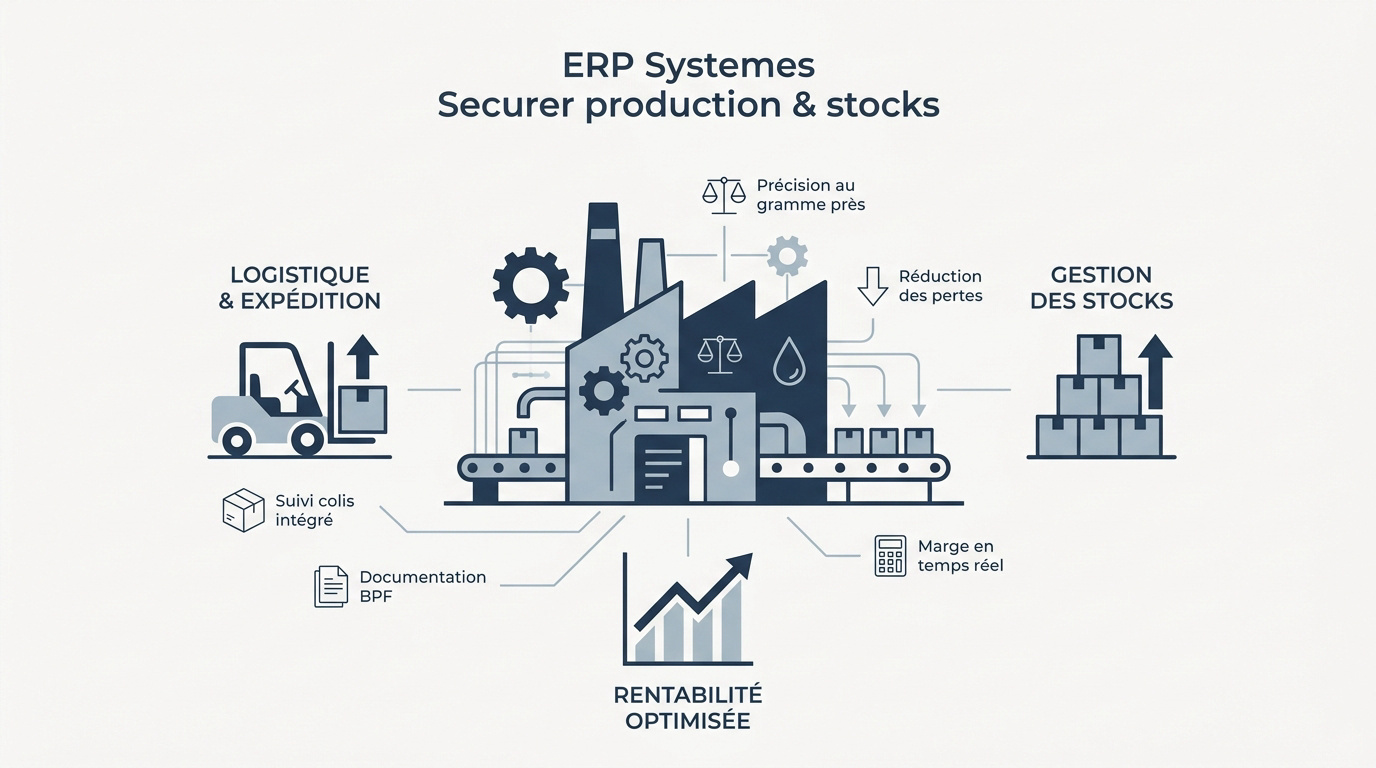 Infographie sur la sécurisation de la production et des stocks via un logiciel ERP