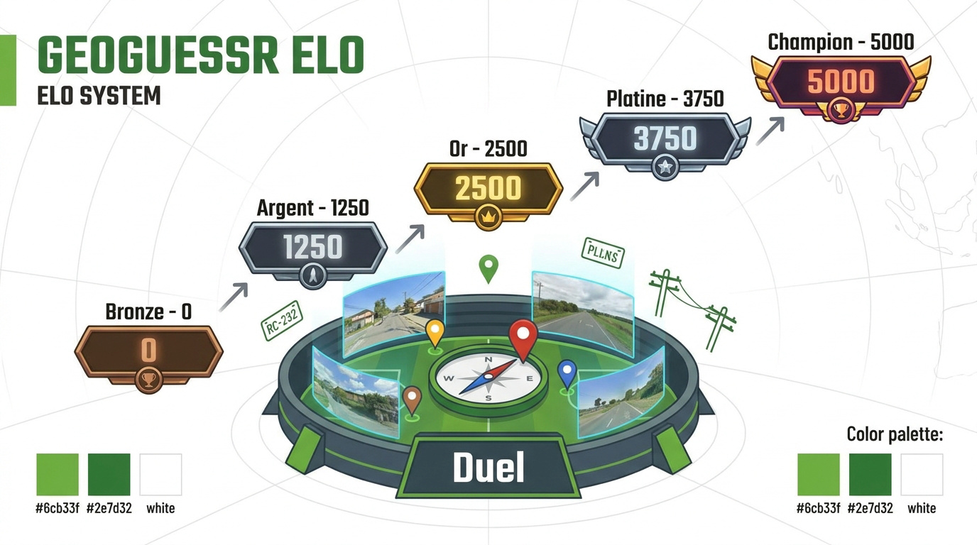 Infographie expliquant le système de classement ELO sur GeoGuessr de Bronze à Champion