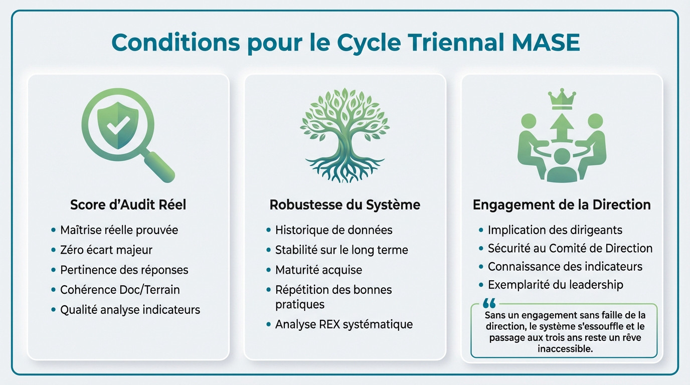 Schéma illustrant les conditions de maturité et de performance pour obtenir la certification MASE 3 ans