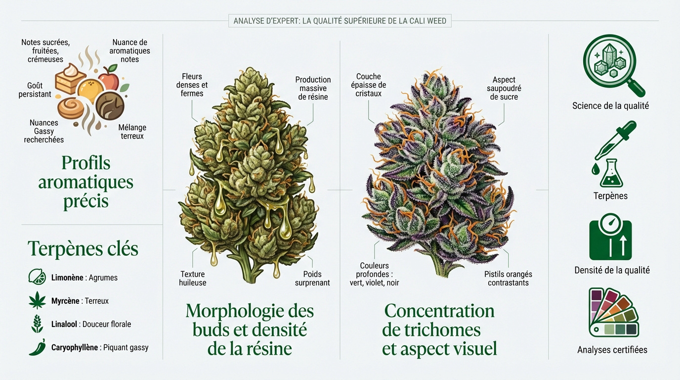 Analyse macroscopique de la densité des trichomes et de la résine sur une fleur de Cali weed de qualité supérieure