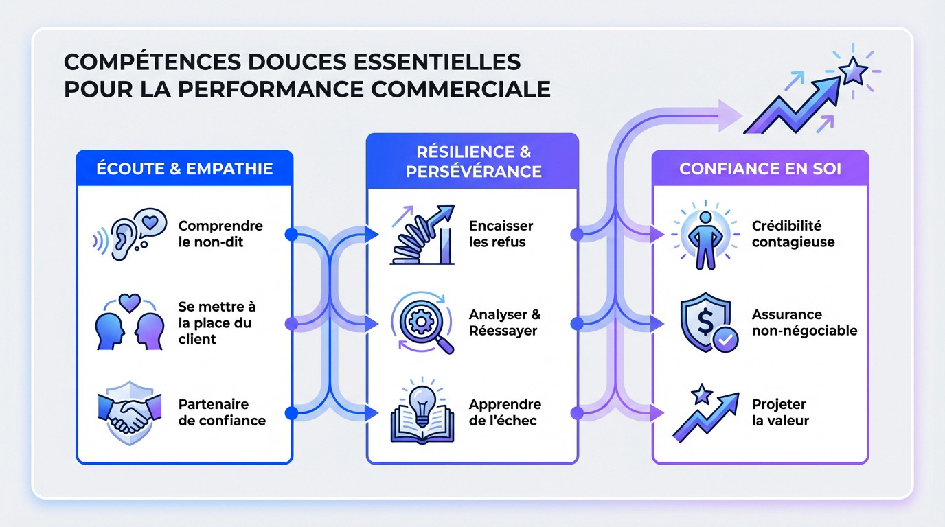 Illustration des compétences douces essentielles pour la performance commerciale : écoute, empathie et résilience