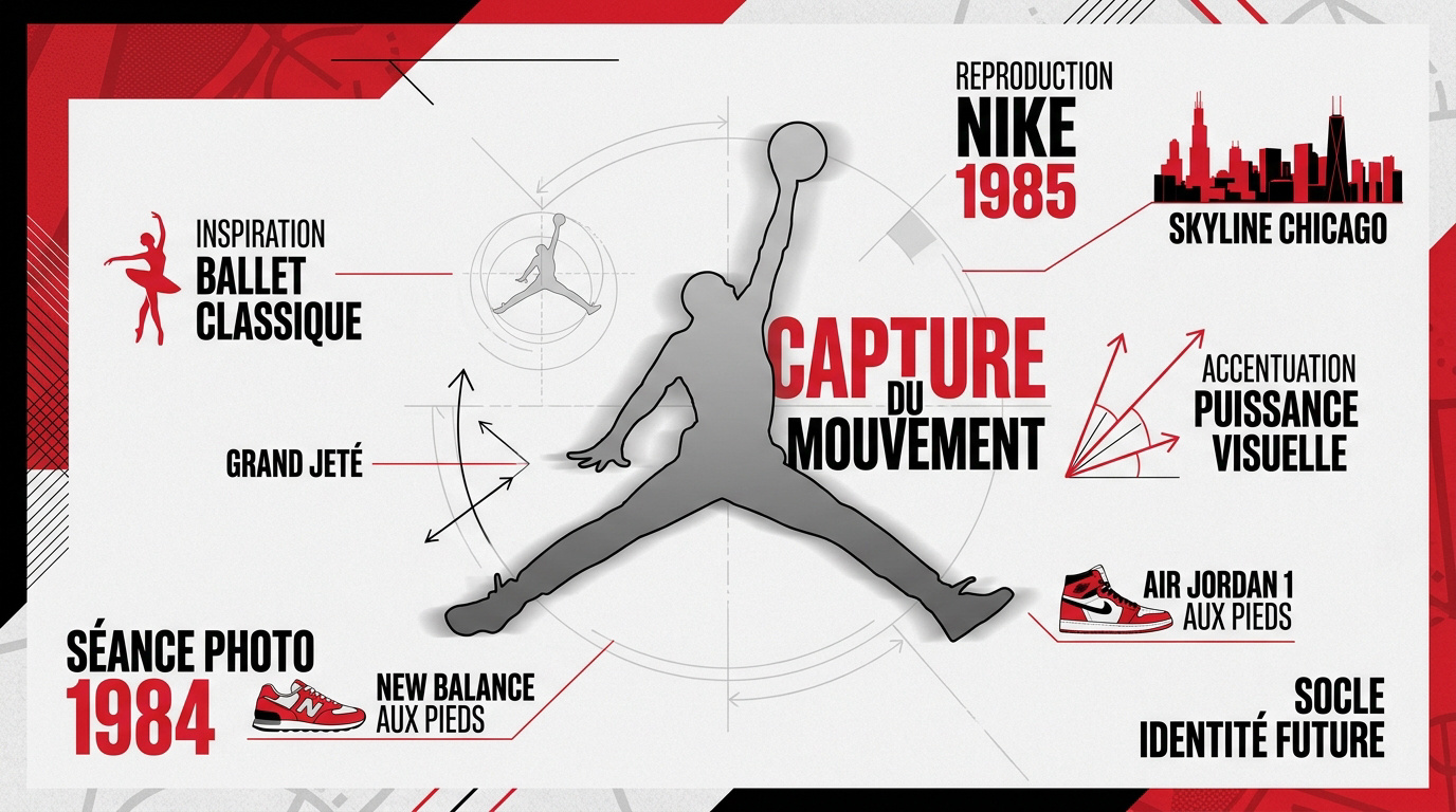 Michael Jordan effectuant le saut iconique Jumpman devant la skyline de Chicago