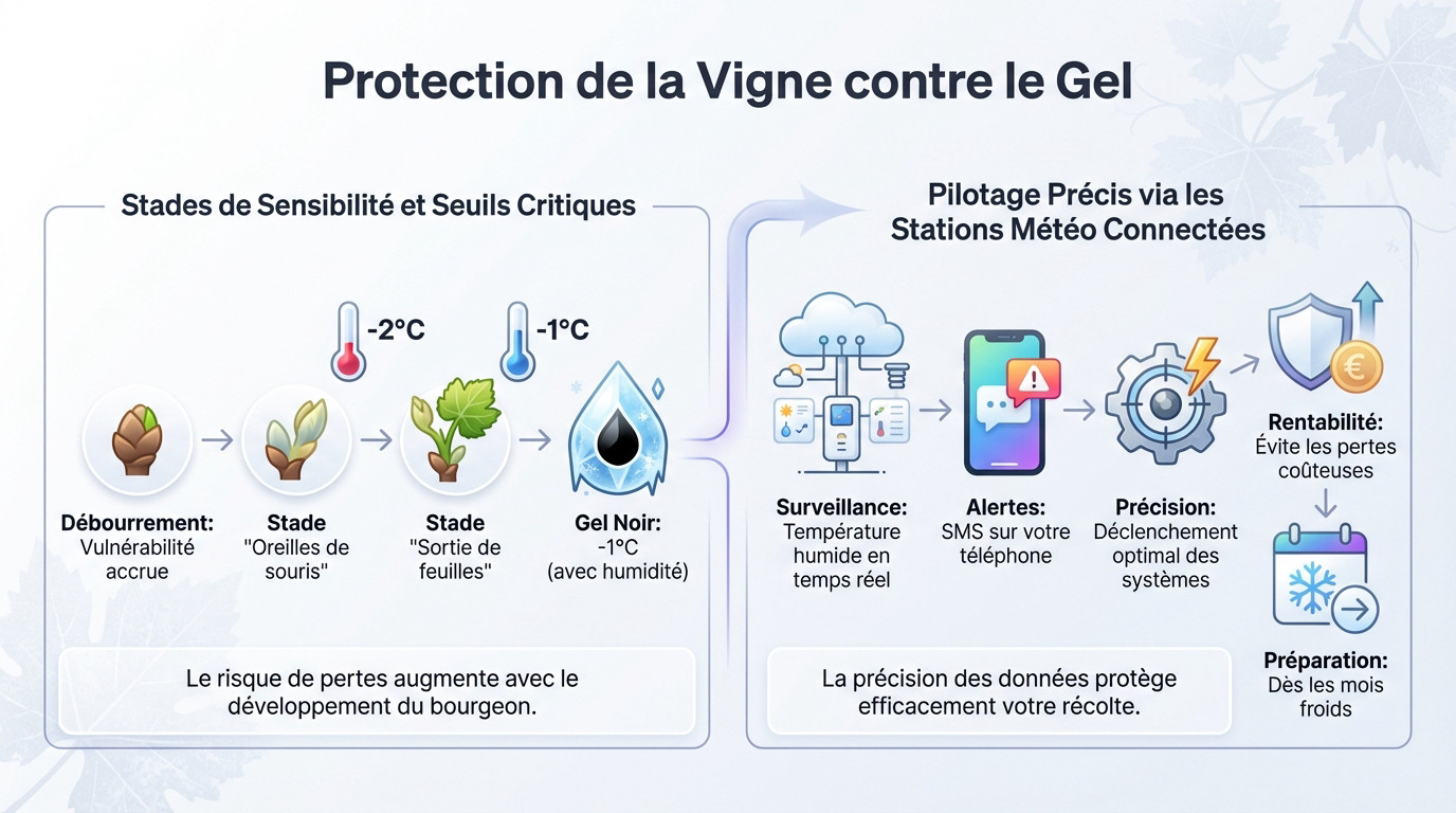 Vigne givrée nécessitant une protection contre le gel au printemps