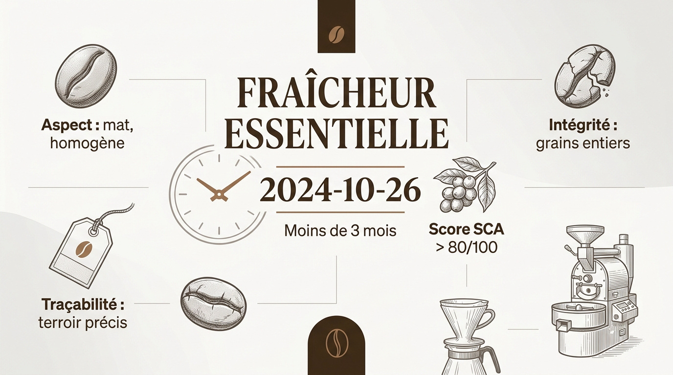 Infographie détaillant les critères de fraîcheur et de qualité du café en grain