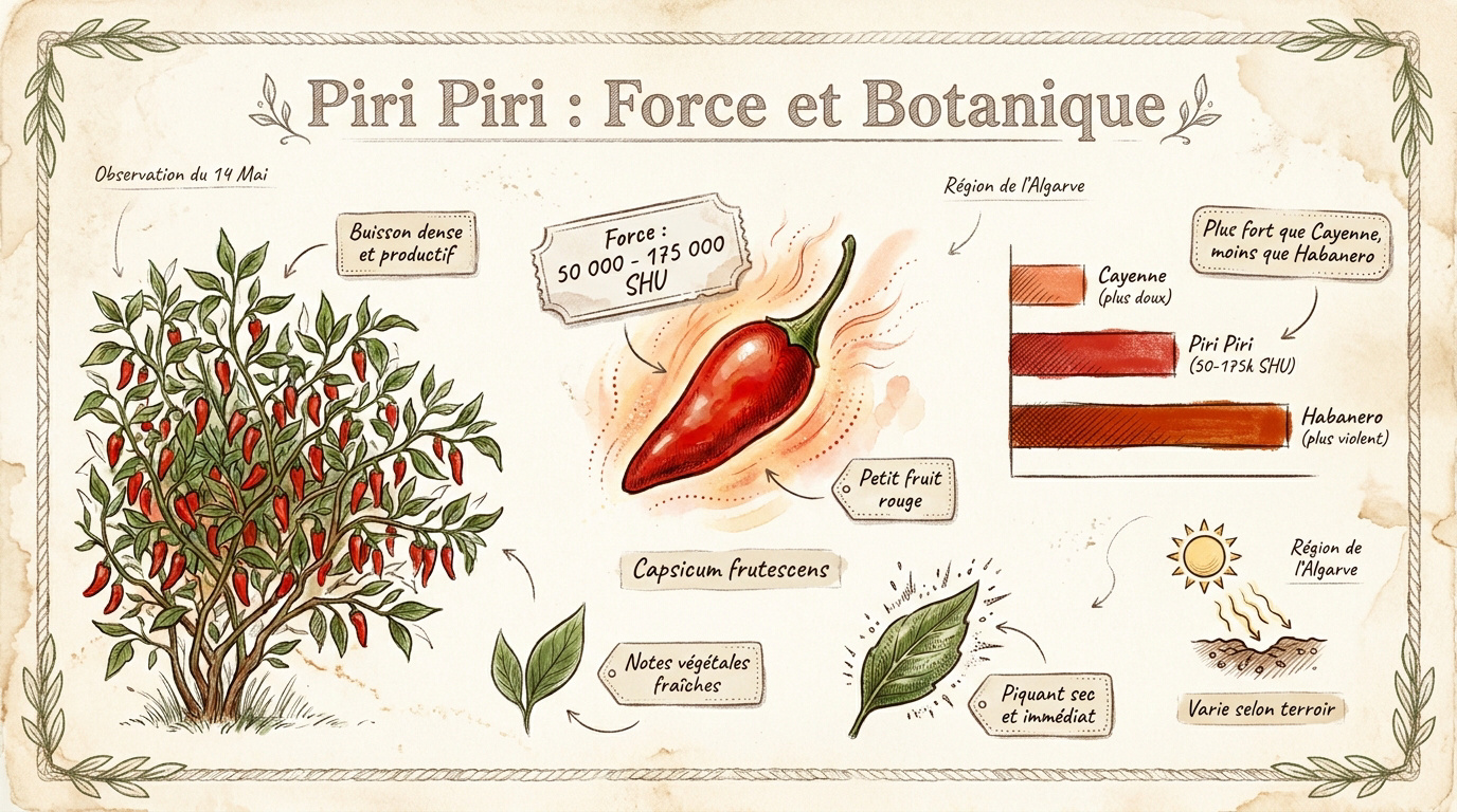 Infographie piri piri : force, botanique et caractéristiques du Capsicum frutescens avec comparatif Scoville