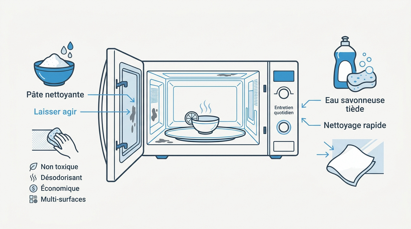 Nettoyage d'un micro-onde avec du bicarbonate de soude et une éponge