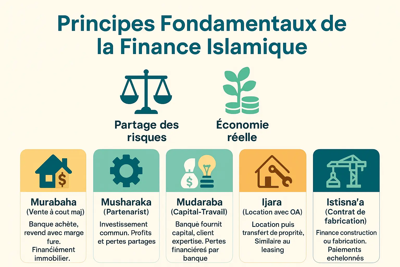 Schéma illustrant les <strong>contrats clés de la finance islamique</strong> (Murabaha, Musharaka, Mudaraba, etc.)
