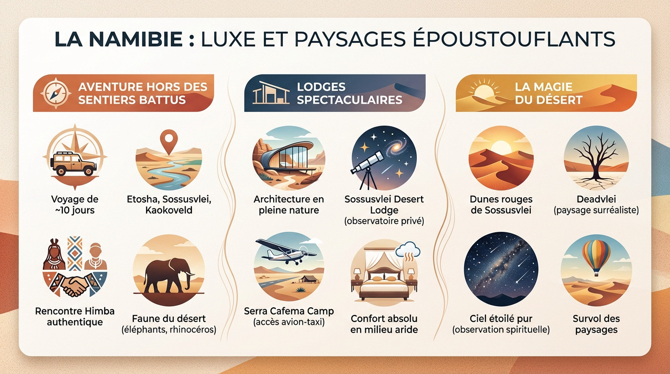 Paysage désertique de Namibie avec dunes rouges et ciel bleu lors d'un safari de luxe