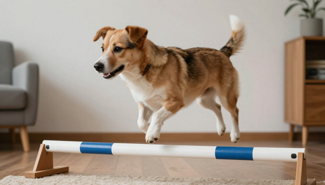 Chien sautant un obstacle d'agility intérieur