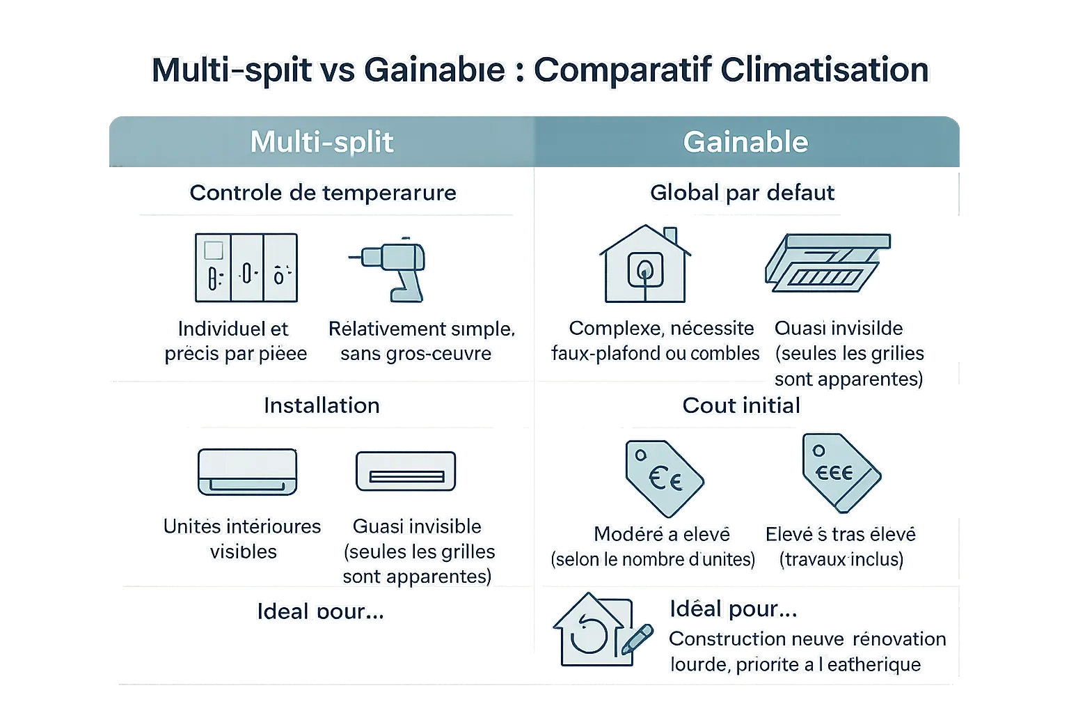 Comparaison visuelle des systèmes de climatisation multi-split et gainable
