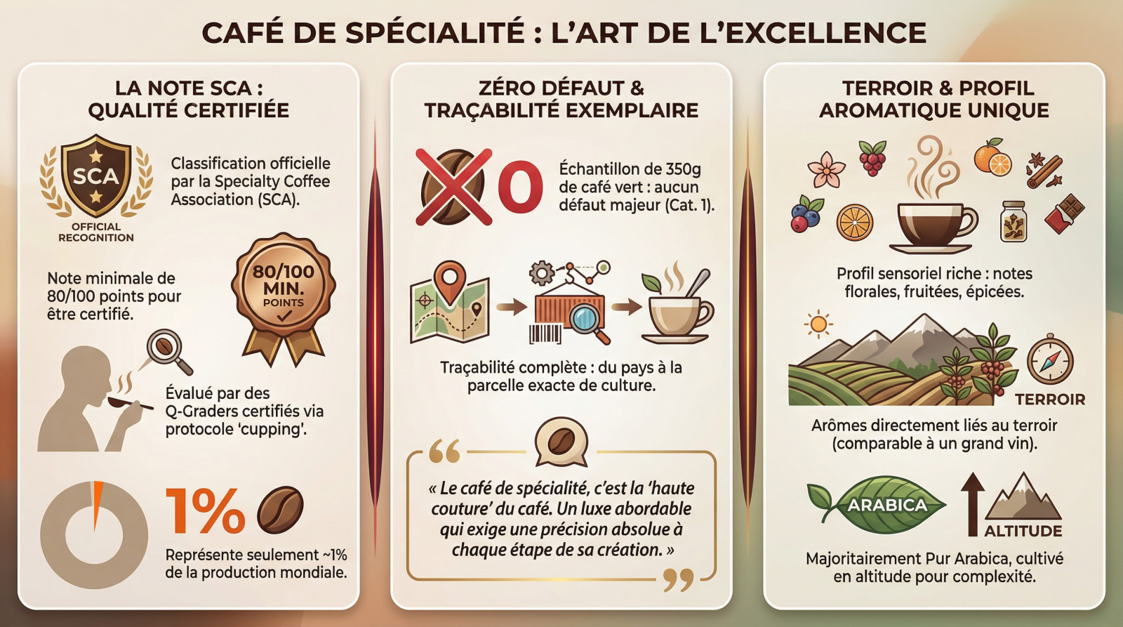 Grains de café de spécialité verts et torréfiés illustrant l'excellence et le tri rigoureux