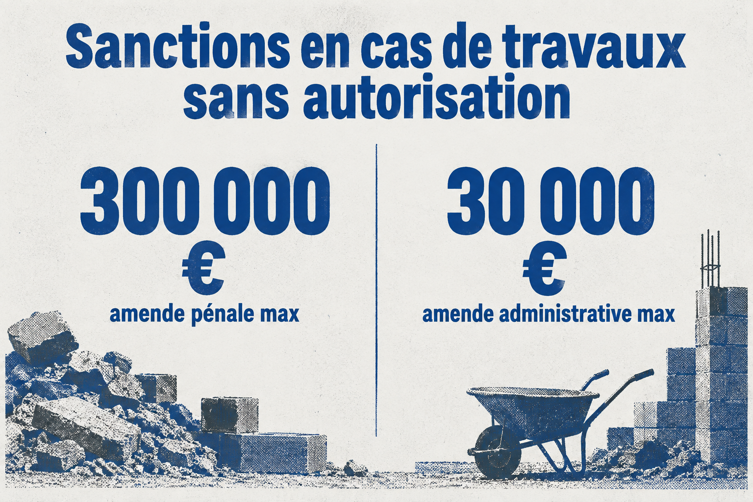 L'amende pénale maximale pour travaux sans autorisation atteint 300 000 €, contre 30 000 € pour l'amende administrative.