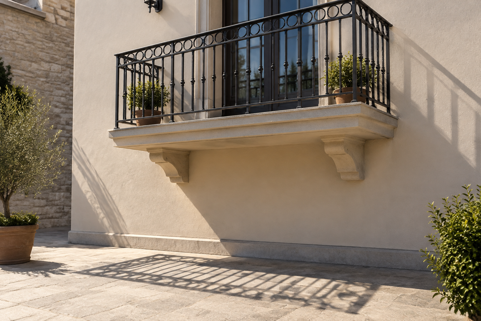 Balcon en projection verticale avec son ombre portée au sol, illustrant le calcul de l'emprise au sol.