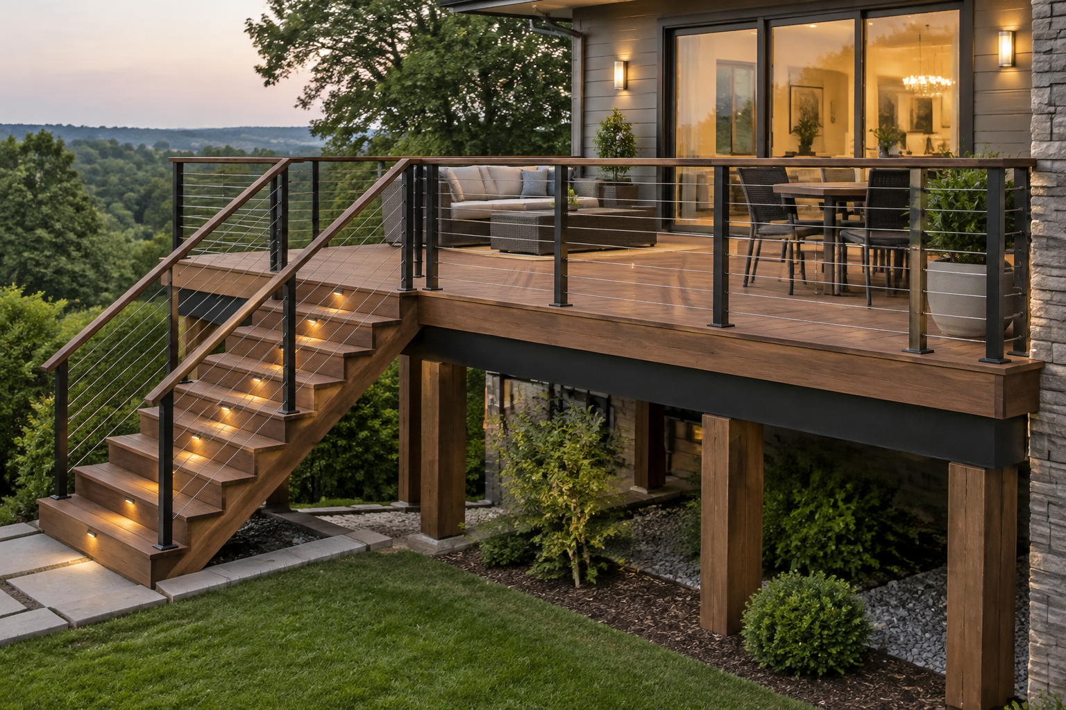 Terrasse surélevée en bois avec escalier, montrant une structure qui entre dans l'emprise au sol.