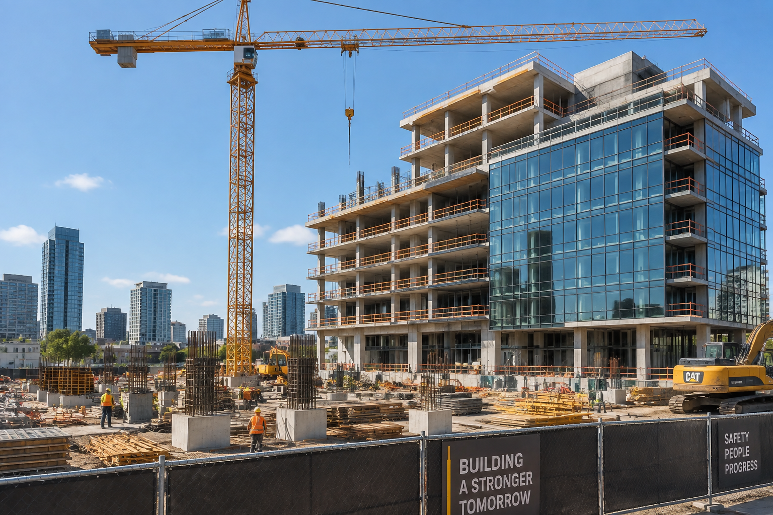 Chantier de construction avec grue et bâtiment moderne, évoquant les évolutions réglementaires de 2026.