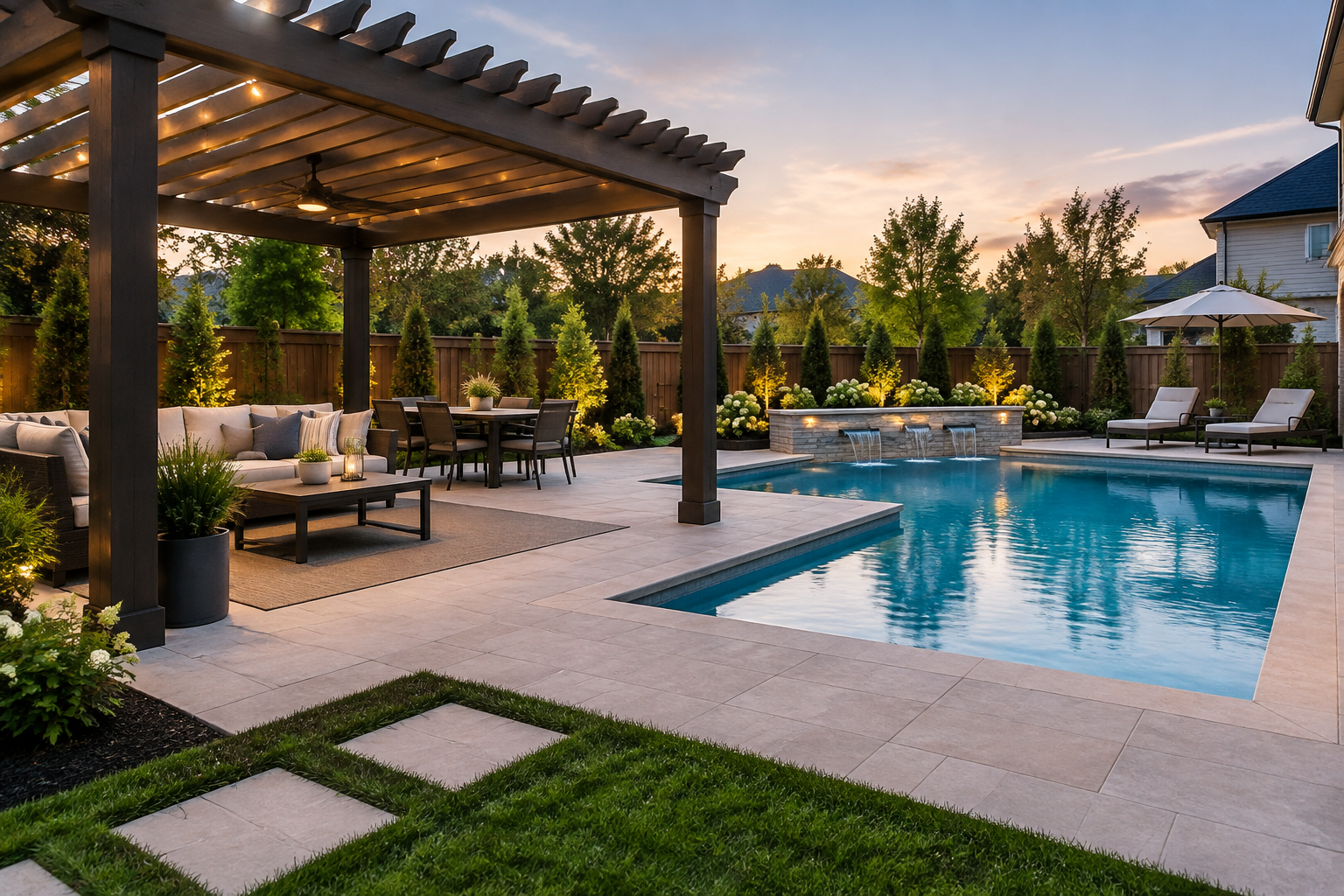 Pergola et piscine dans un jardin, illustrant les annexes qui comptent dans l'emprise au sol.