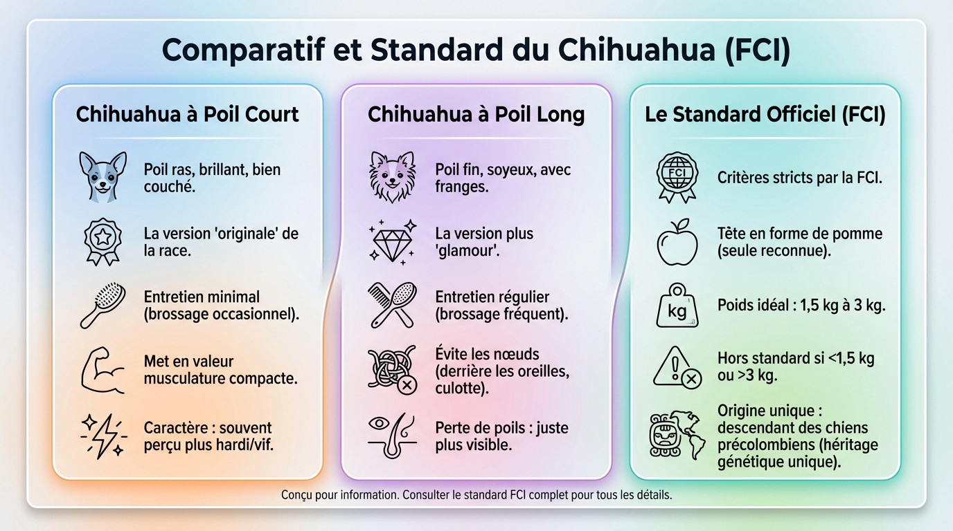 Comparatif visuel des deux variétés de Chihuahua selon le standard FCI : poil court et poil long