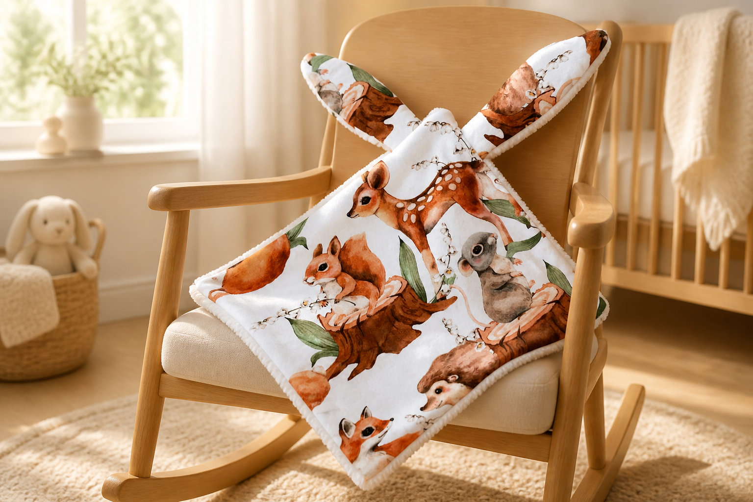 Doudou Plat avec oreilles en tissu forest, écureuil et faon