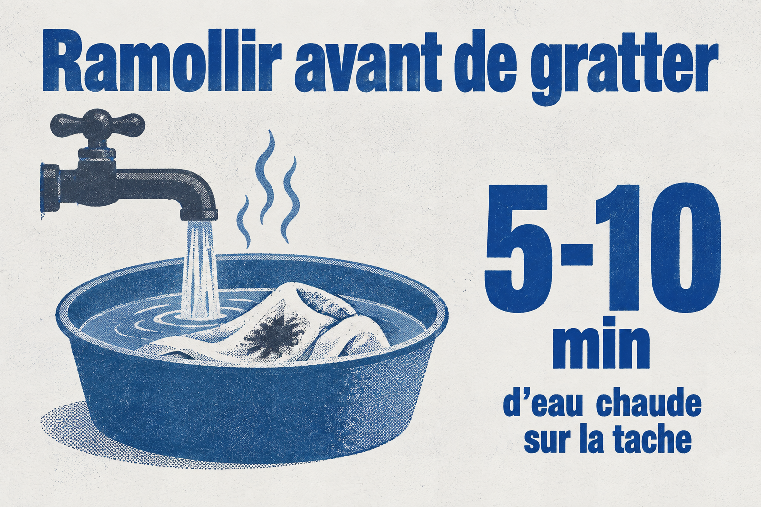 Un chiffre unique de 5 à 10 minutes, accompagné de l'étiquette "d'eau chaude sur la tache", illustrant le temps de pose d'un chiffon humide pour ramollir une tache de peinture acrylique sèche avant de gratter.