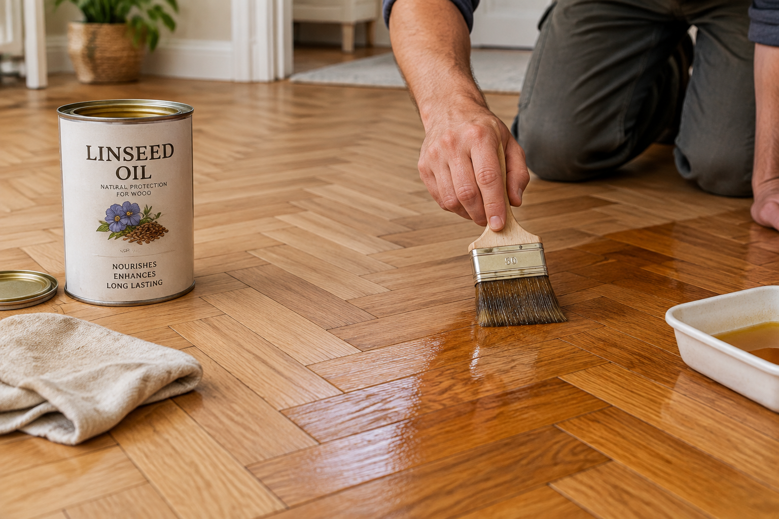 Une personne applique de l'huile de lin sur un parquet pour le nourrir