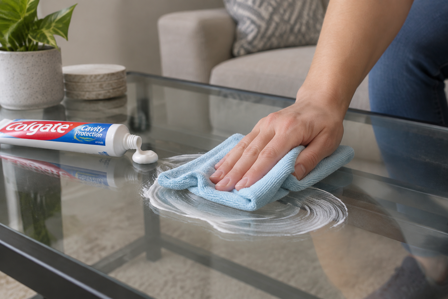 Dentifrice appliqué en mouvements circulaires avec un chiffon microfibres sur une table en verre