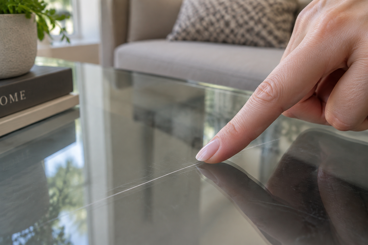 Doigt passant sur une rayure de table en verre pour évaluer sa profondeur