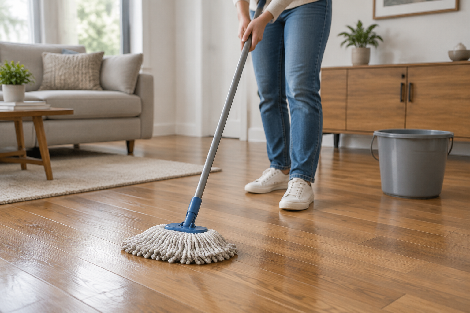 Personne nettoyant un parquet contrecollé avec une serpillière bien essorée
