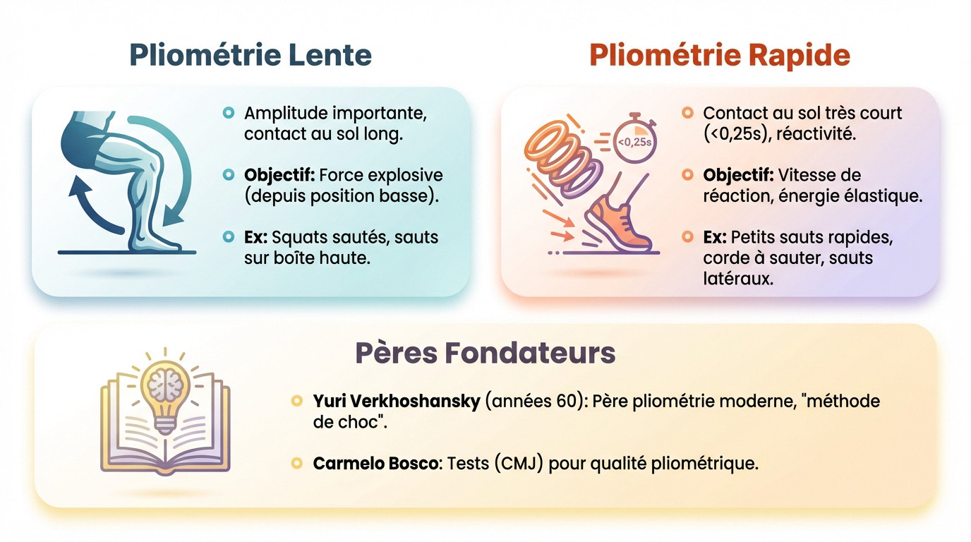 Illustration comparant la pliométrie lente et rapide avec les figures de Verkhoshansky et Bosco
