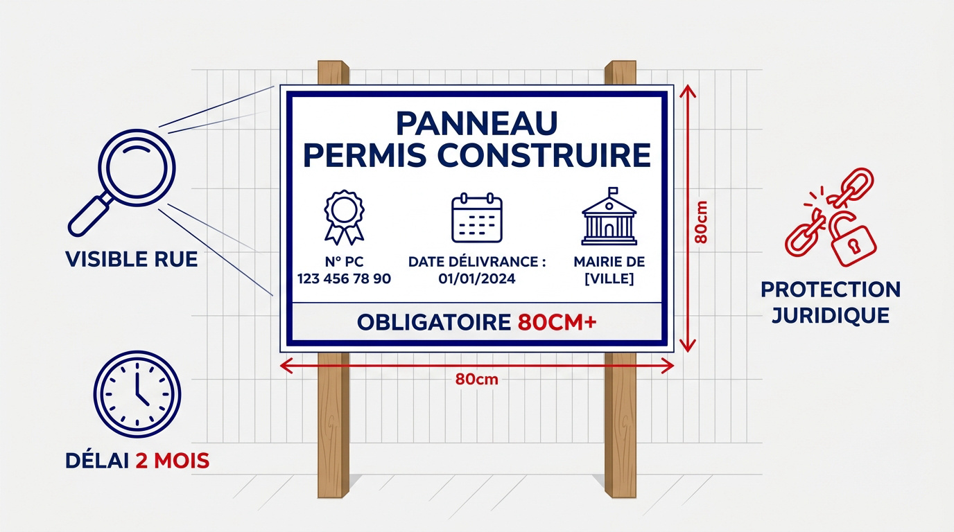 Panneau de permis de construire réglementaire sur un chantier