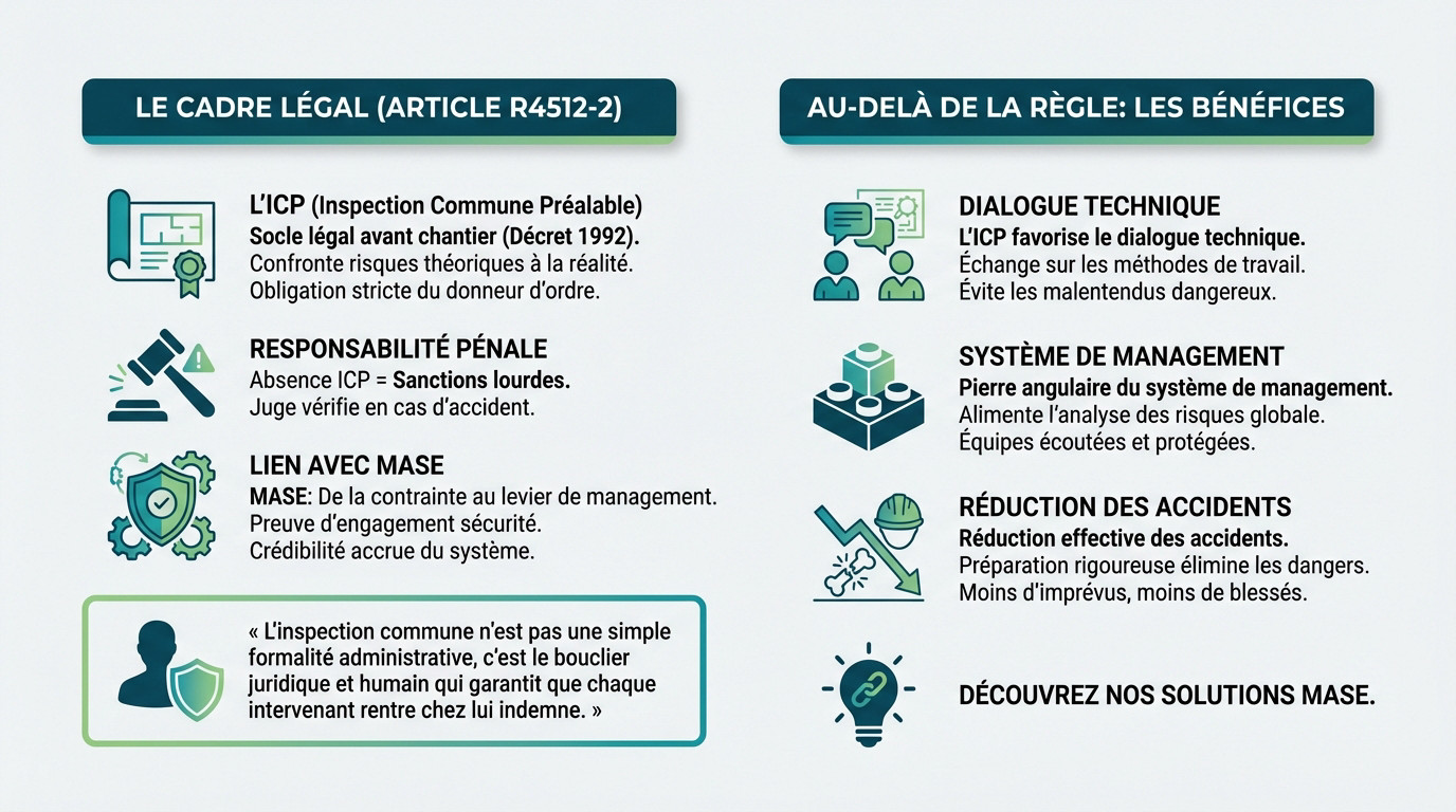 Réunion d'inspection commune préalable ICP MASE sur un chantier avec analyse des risques et conformité réglementaire