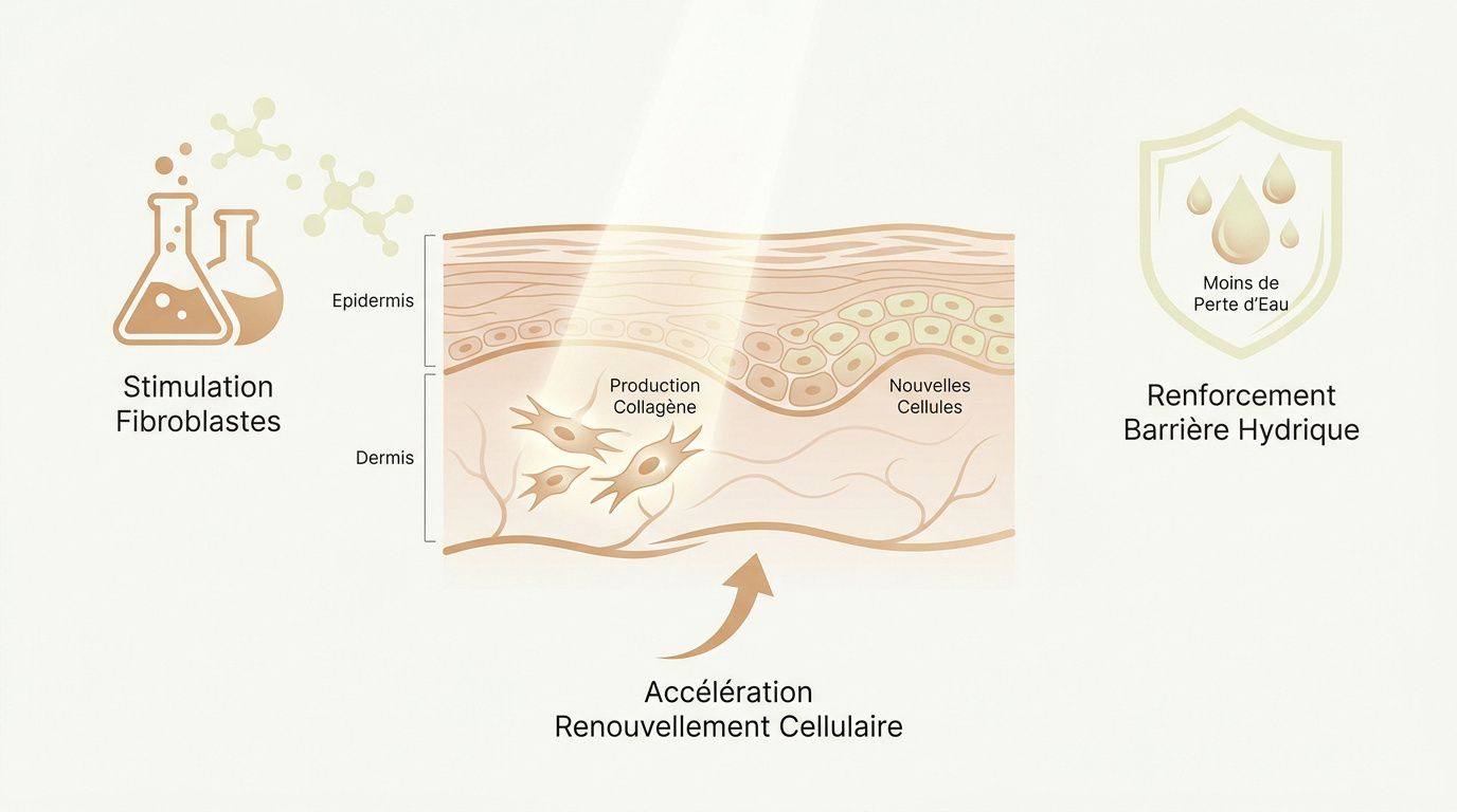 Infographie détaillant les mécanismes de régénération cellulaire et les bienfaits botaniques pour la peau