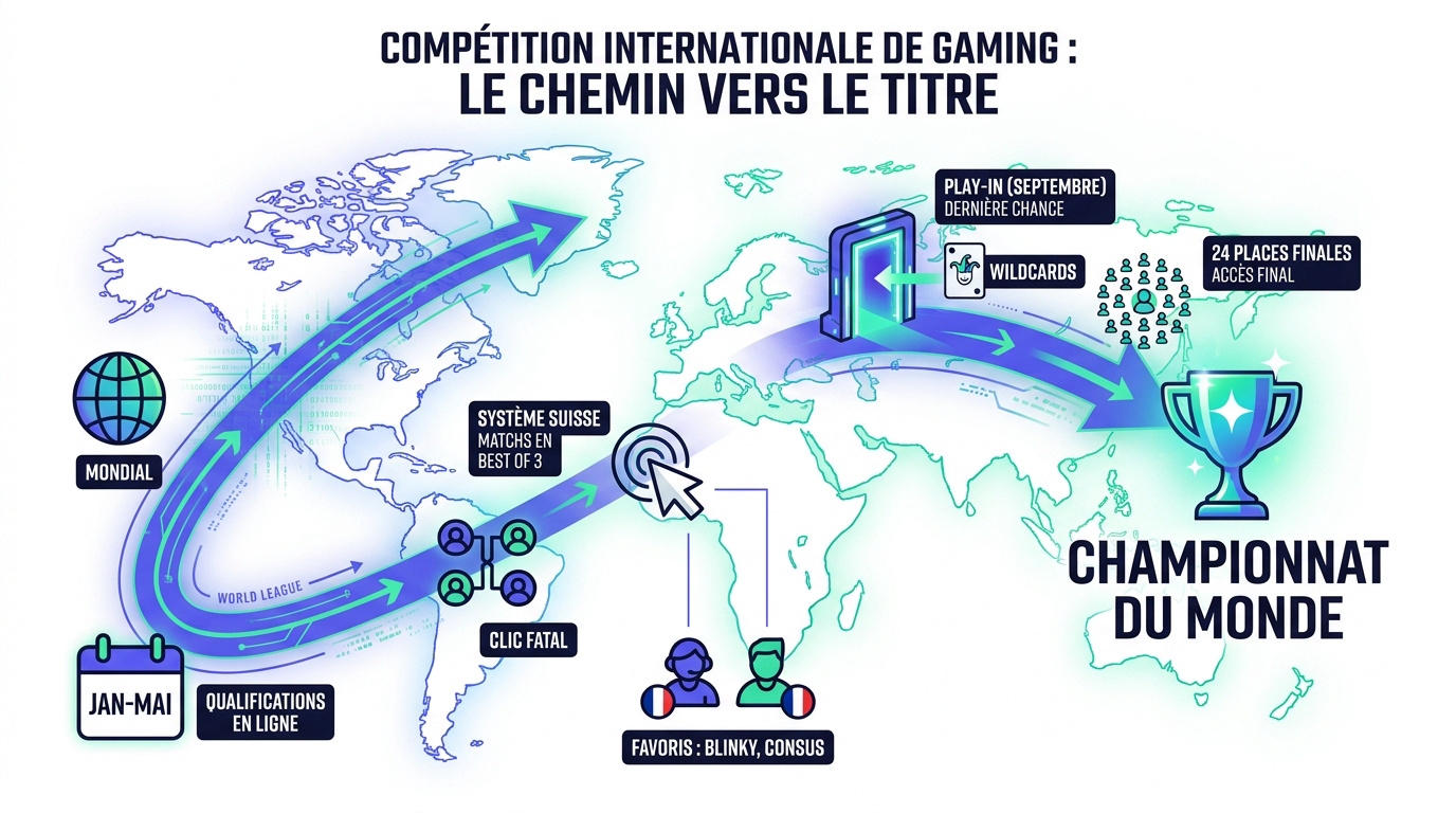 Compétition e-sport mondiale de GeoGuessr avec joueurs devant leurs écrans