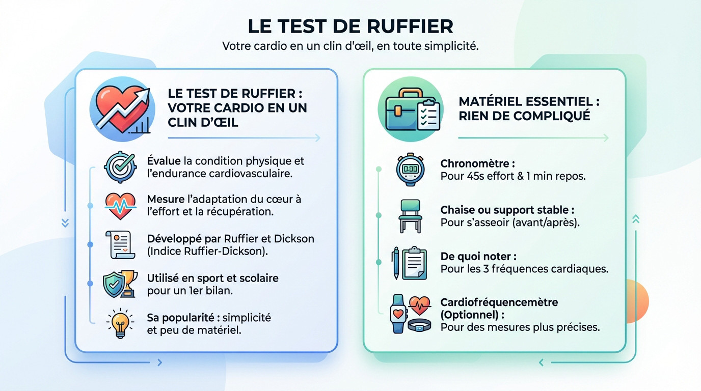 Illustration montrant le déroulement du test de Ruffier pour évaluer l'endurance cardiaque