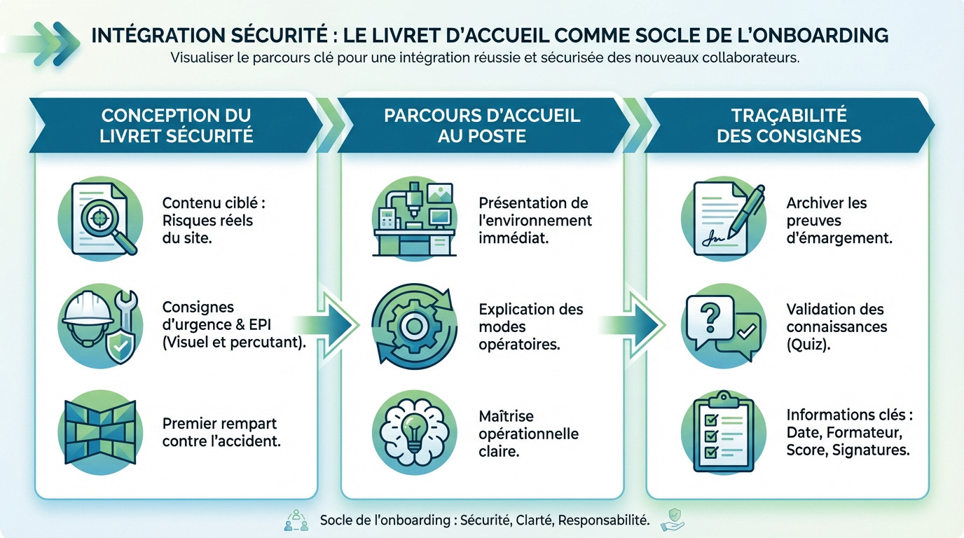 Livret d'accueil sécurité illustrant l'intégration des nouveaux arrivants et la conformité MASE