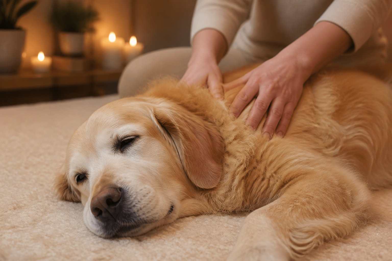Chien âgé recevant un massage apaisant dans une ambiance feutrée
