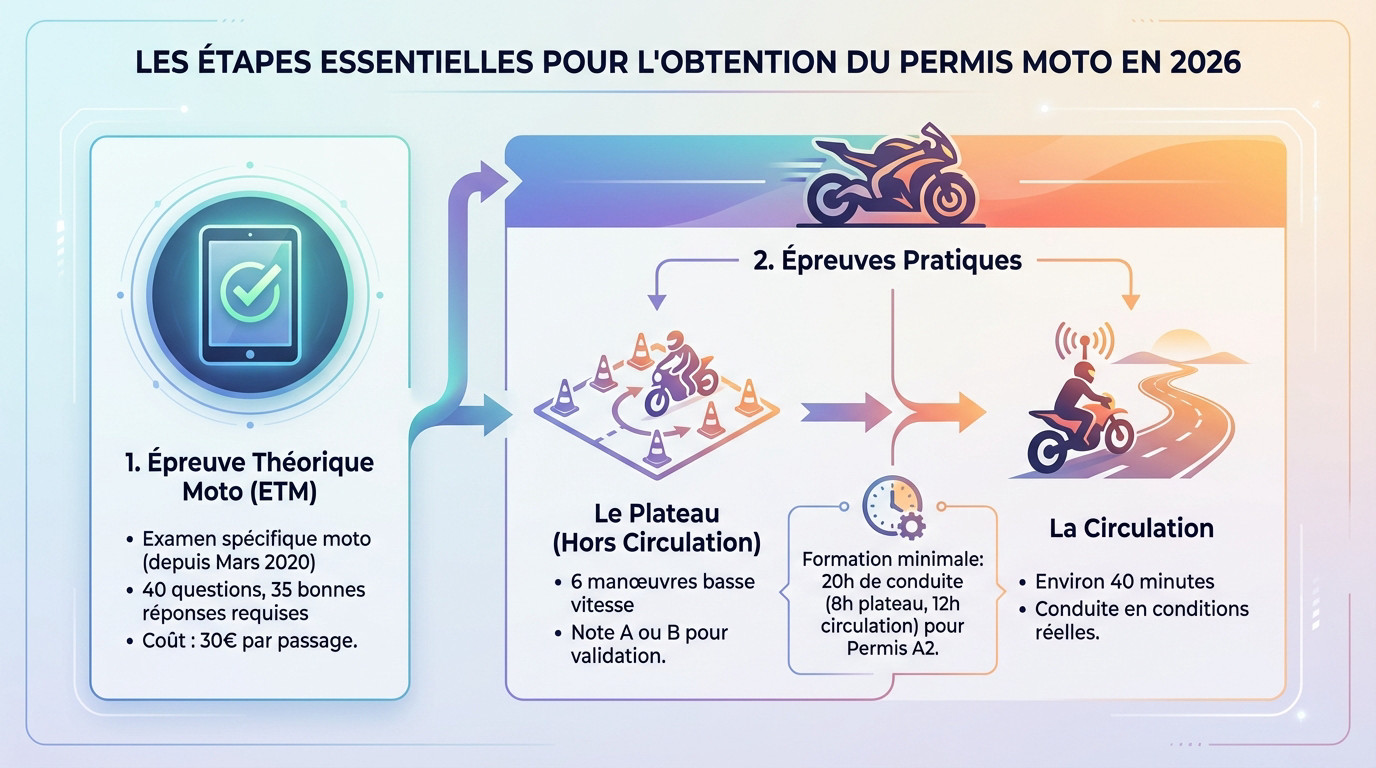 Candidat sur une moto école effectuant une manœuvre sur le plateau d'examen