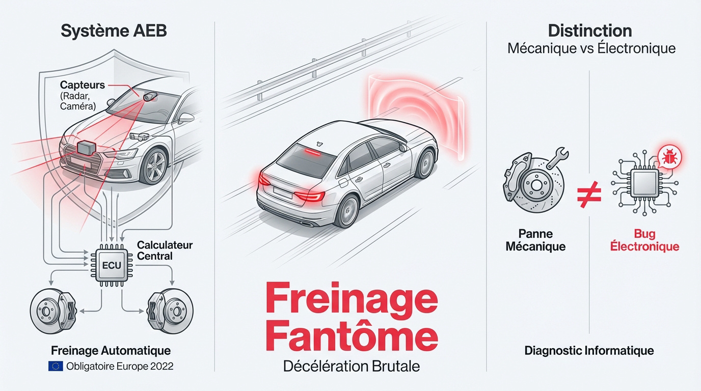 Illustration du système de freinage automatique d'urgence AEB en action sur la route