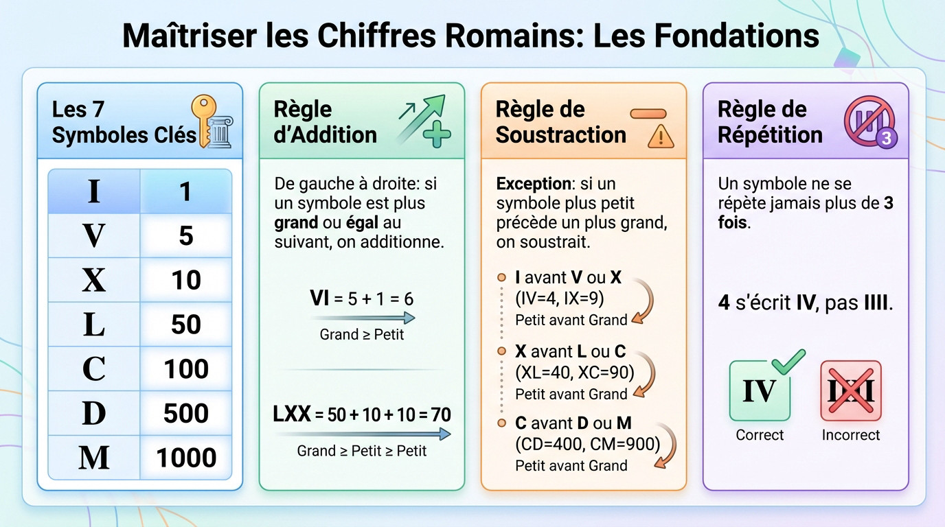 Illustration des symboles fondamentaux des chiffres romains sur fond de pierre
