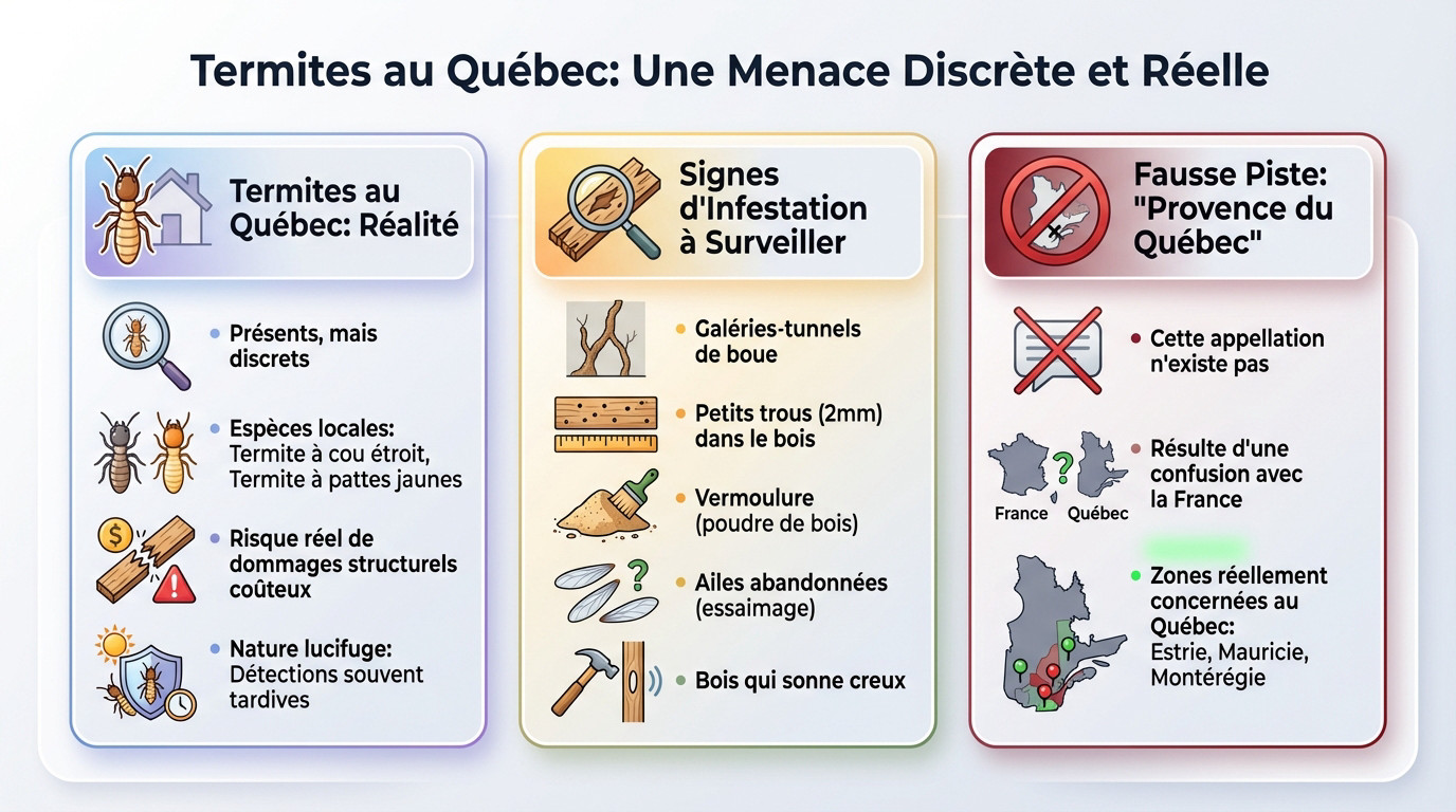 Signes infestation termites bois Québec et galeries souterraines