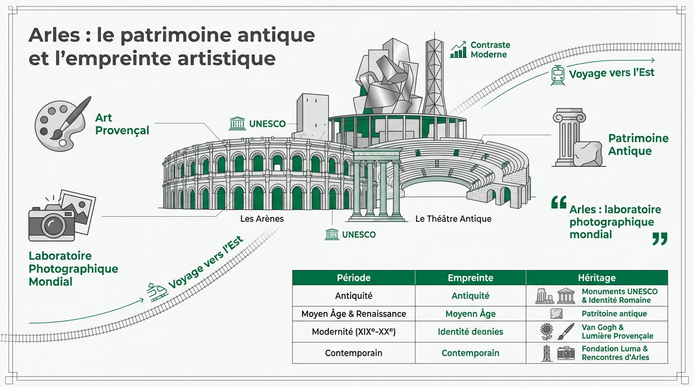 Vue aérienne des arènes romaines et du patrimoine historique d'Arles