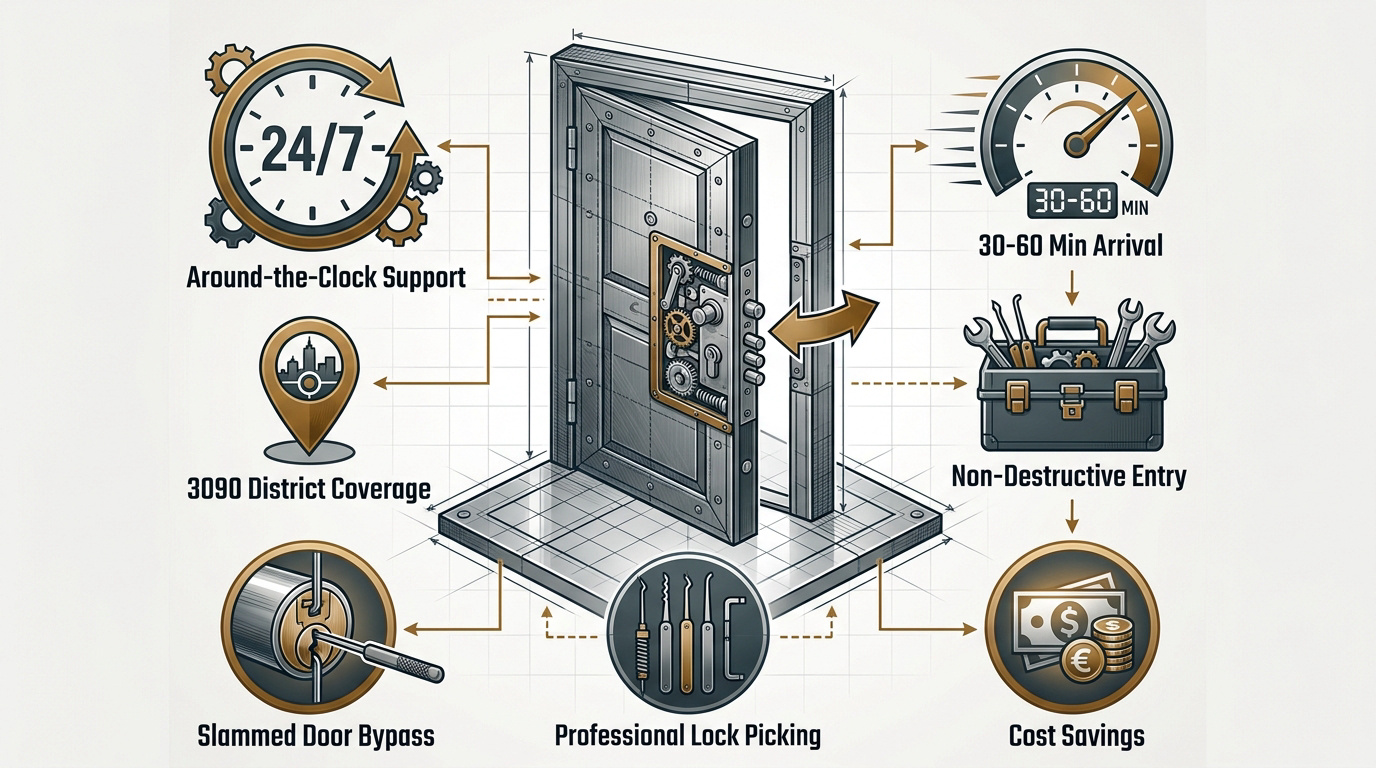 Emergency locksmith services infographic for Overijse 3090 district