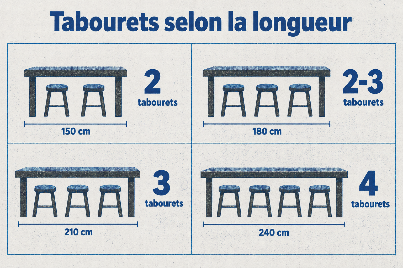 Pour 150 cm de comptoir, 2 tabourets ; 180 cm, 2 à 3 ; 210 cm, 3 ; 240 cm, 4.