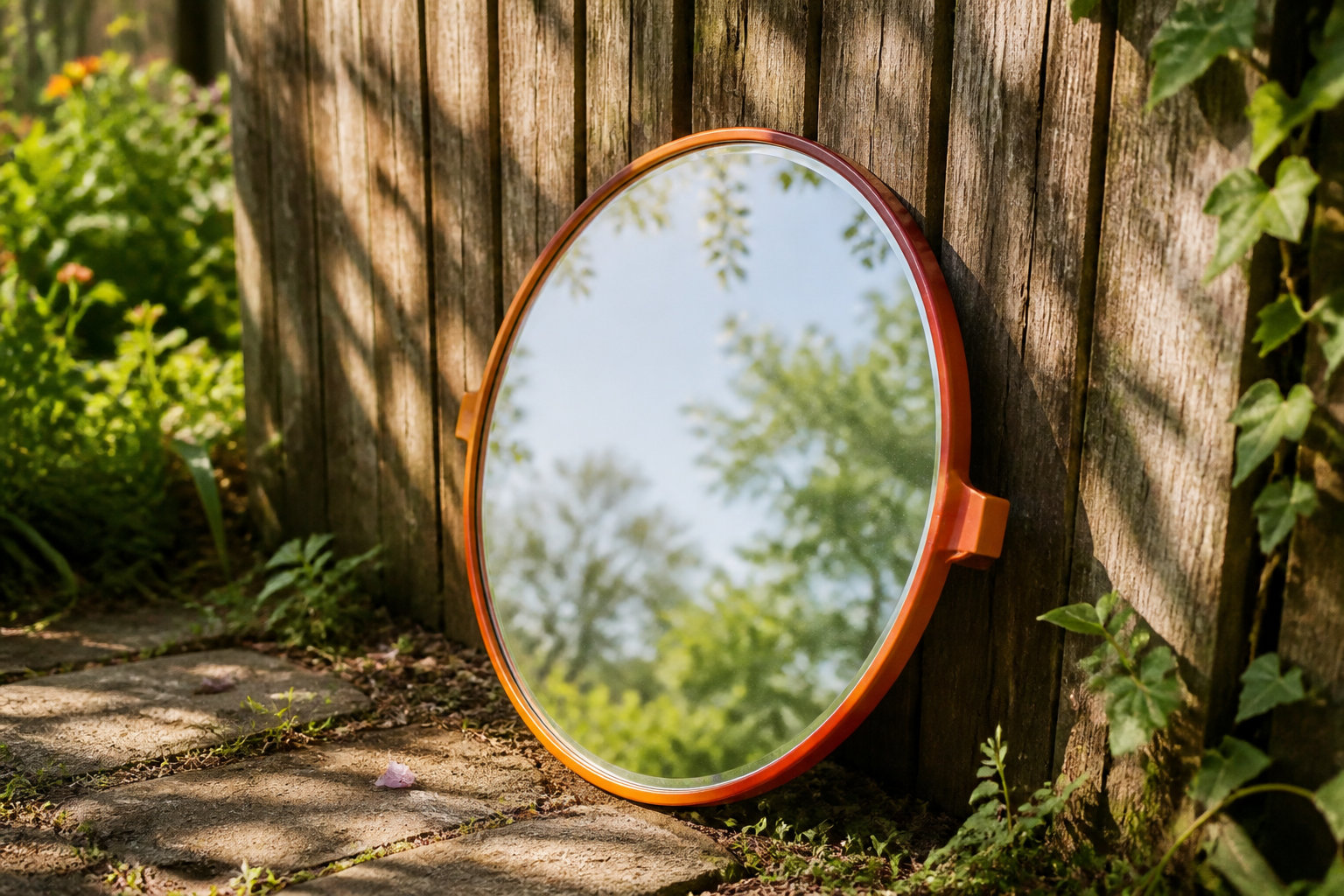 Miroir pivotant rose et rouge au design pop seventies