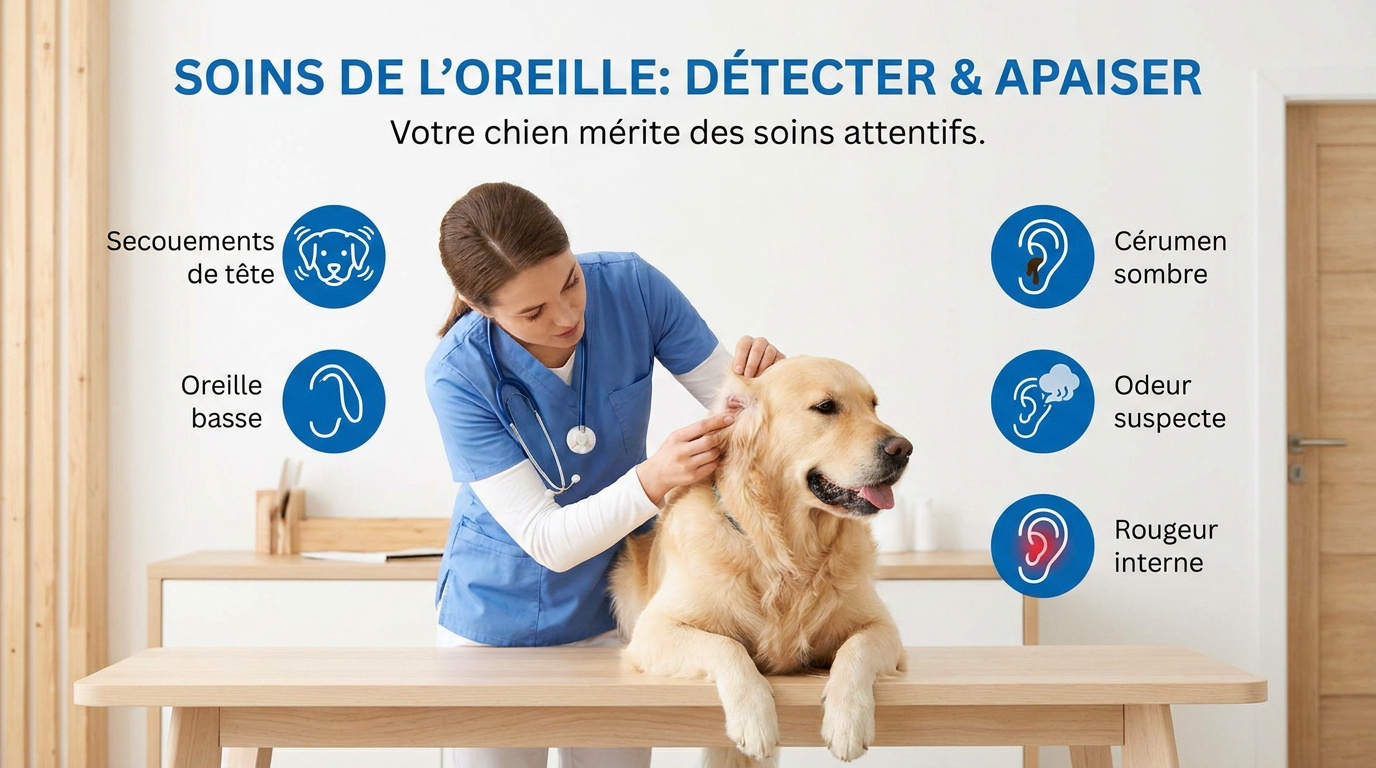 Nettoyage et inspection de l'oreille d'un chien pour détecter une otite