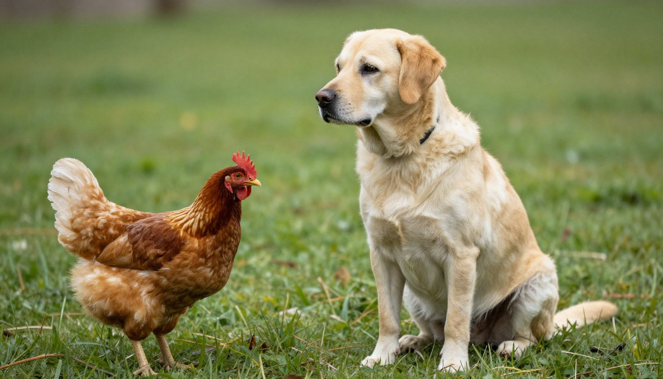 Chien et poule cohabitant