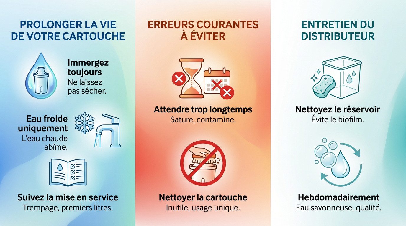 Schéma montrant l'entretien et l'optimisation d'une cartouche filtrante Brita Cube