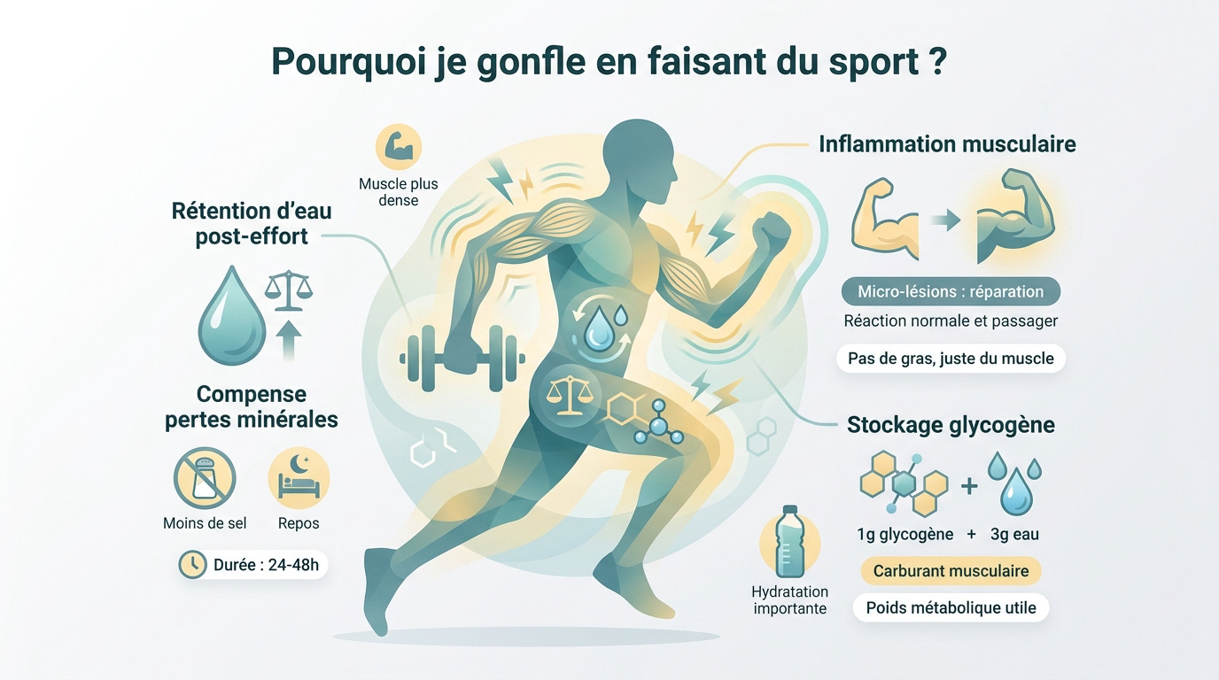 Schéma expliquant les causes du gonflement musculaire et de la rétention d'eau après le sport