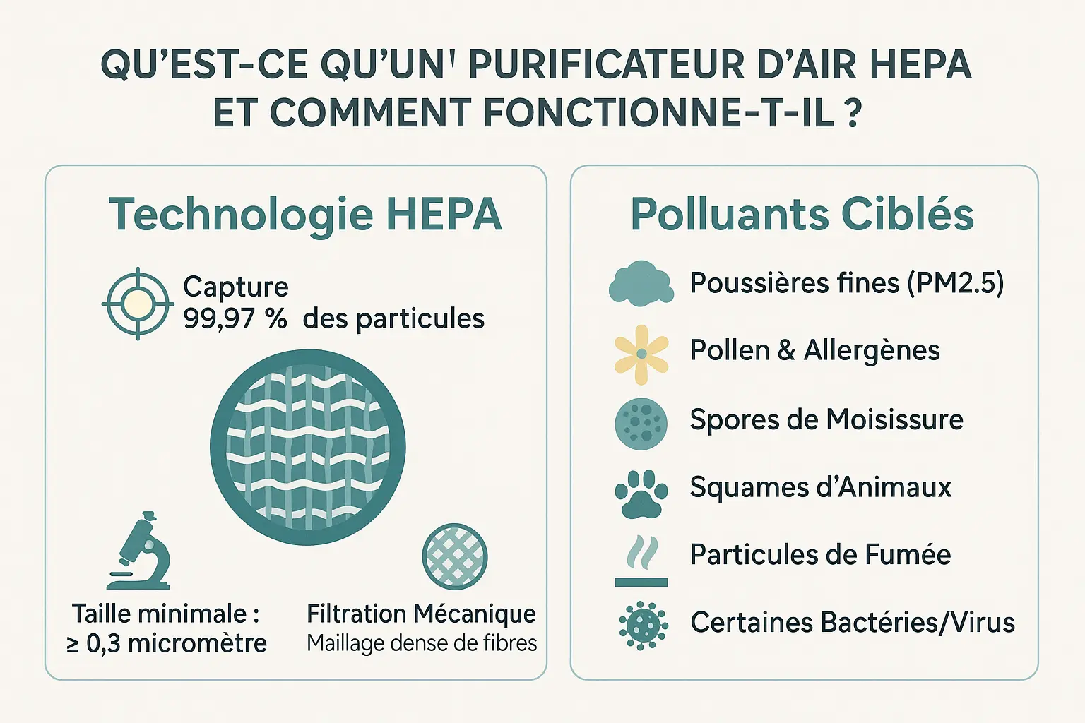 Illustration de la technologie HEPA et des polluants ciblés